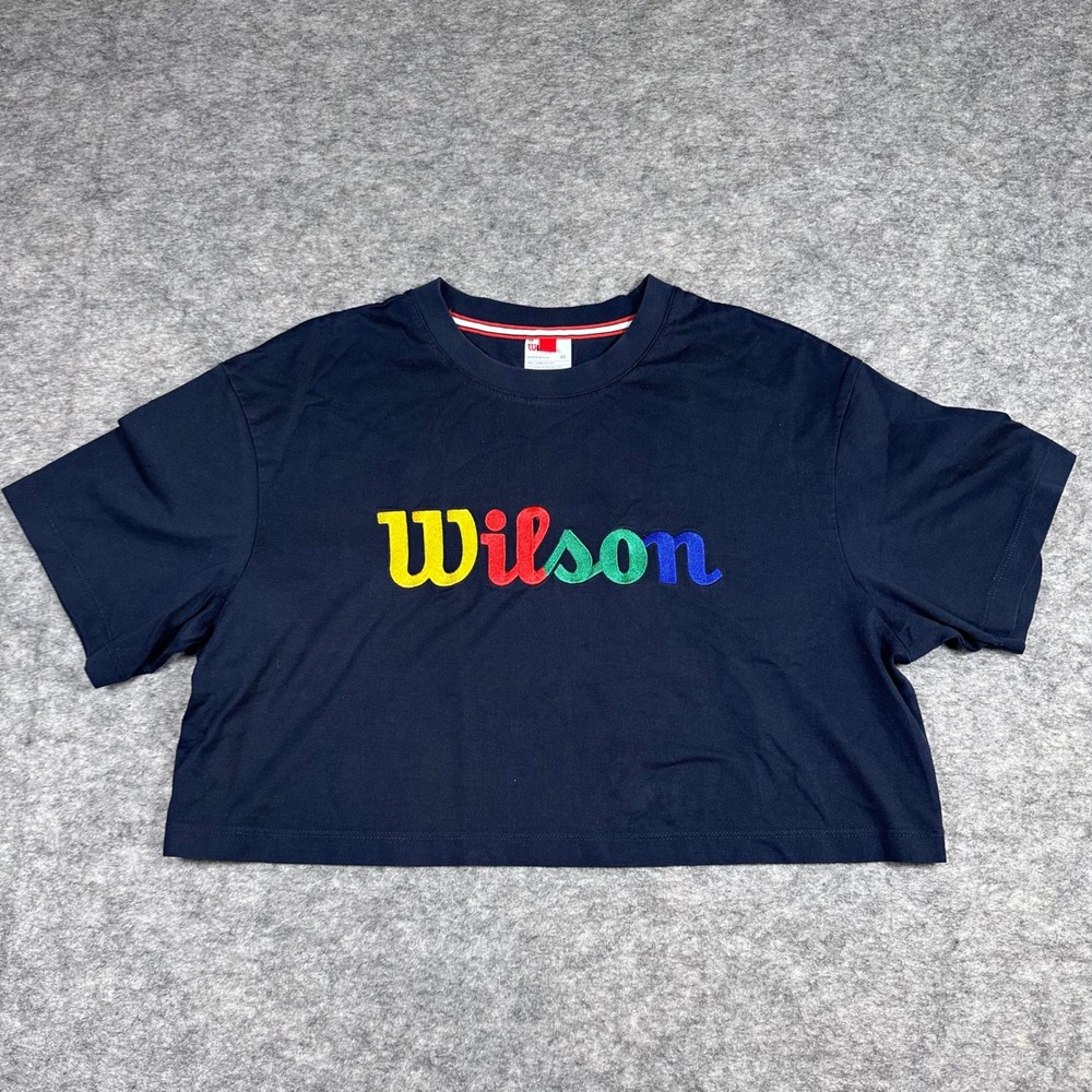 Wilson Cropped T-Shirt Navy Blue Rainbow Embroidered Logo Womens XS